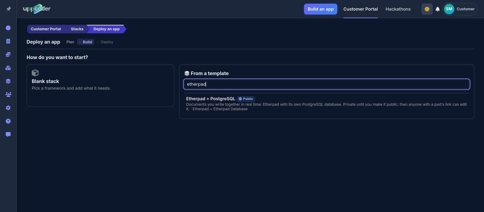 Picking the Etherpad + PostgreSQL template