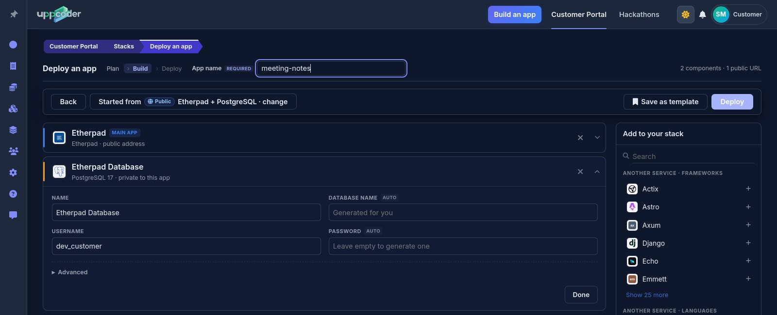 The database card: your username, a password made for you unless you type one