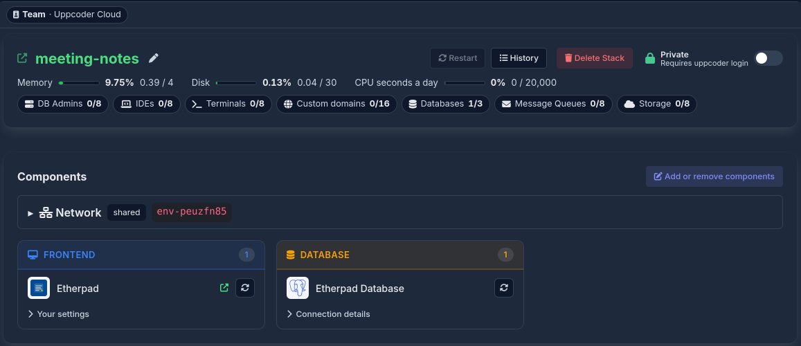 The stack page: Etherpad, its database, and the Private switch