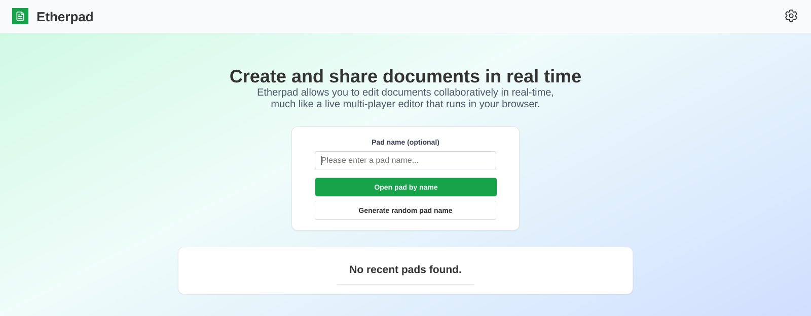 Etherpad's start page on the app's address