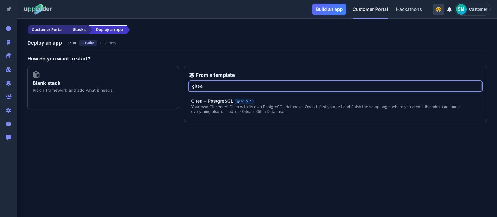 Picking the Gitea + PostgreSQL template