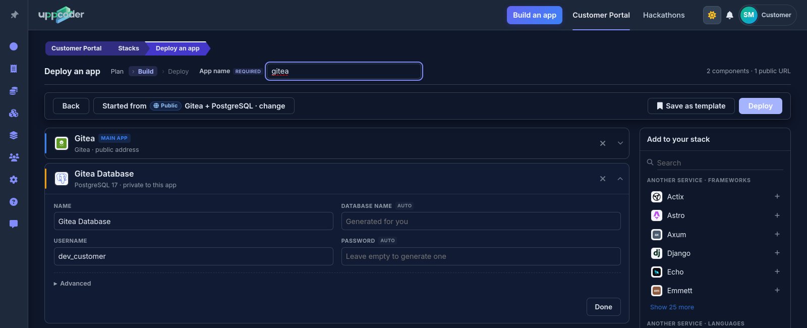 The database card: your username, a password made for you unless you type one