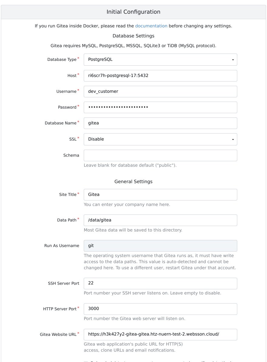 Gitea's setup page with the database and the address already filled in