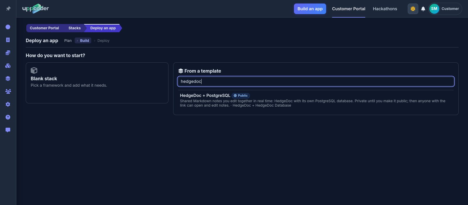 Picking the HedgeDoc + PostgreSQL template