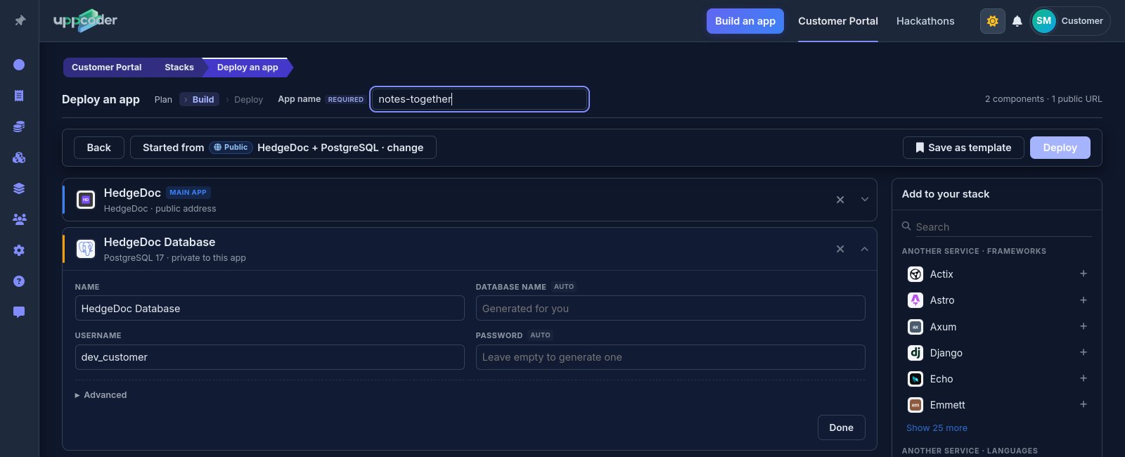 The database card: your username, a password made for you unless you type one