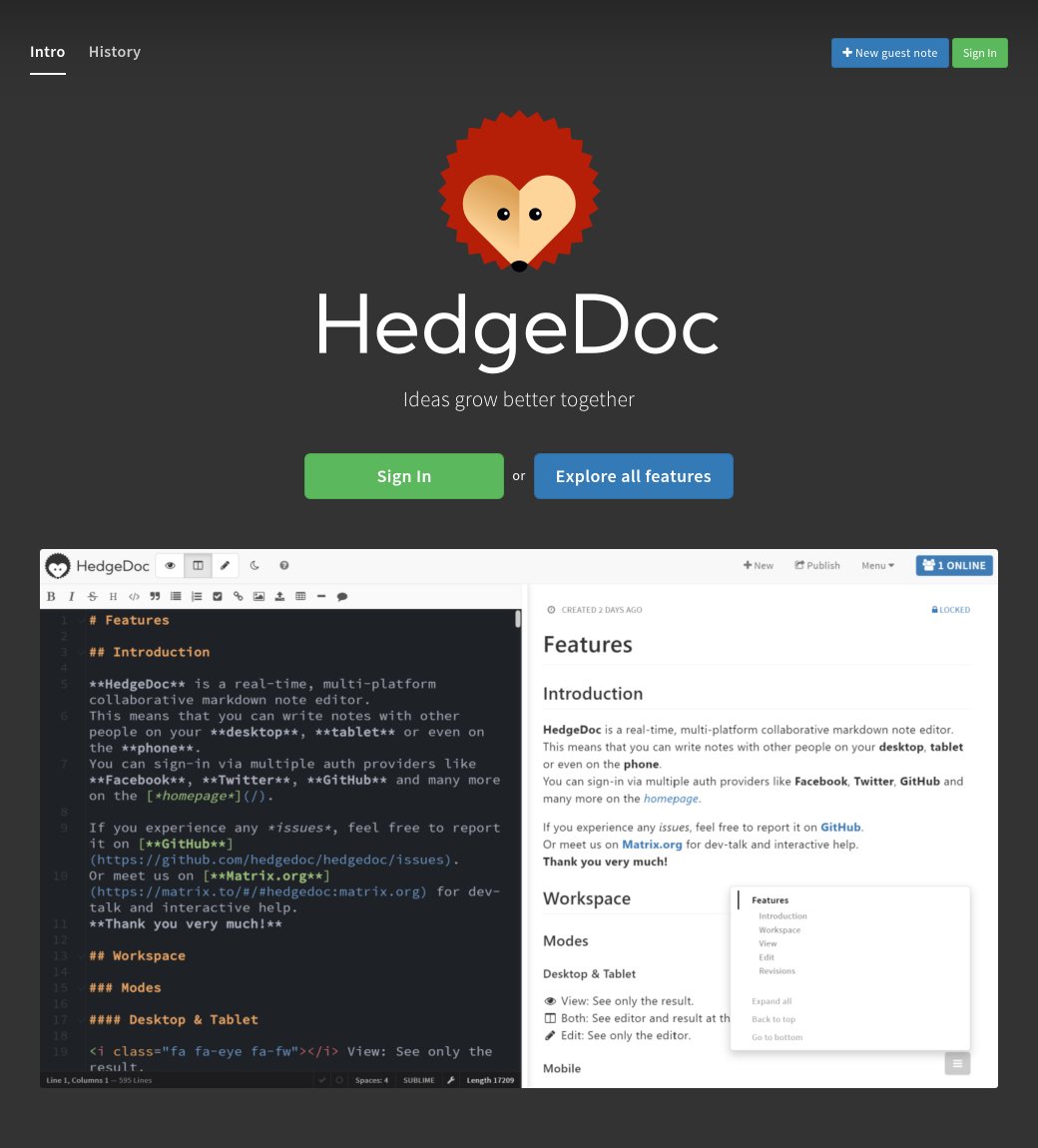 HedgeDoc's start page on the app's address