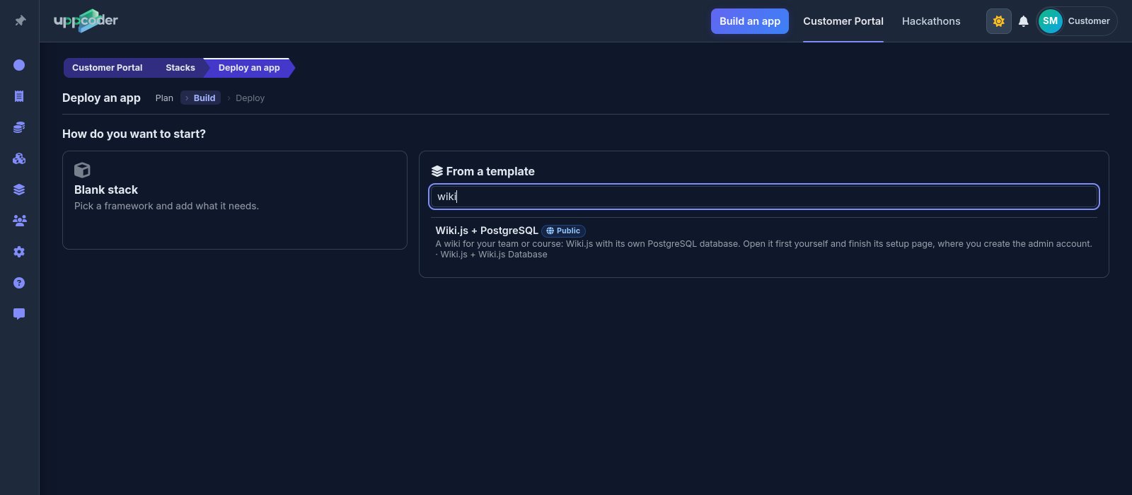 Picking the Wiki.js + PostgreSQL template