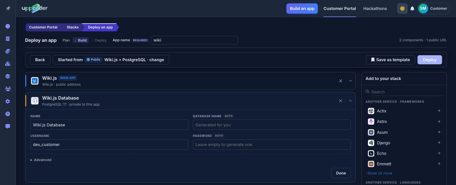 The database card: your username, a password made for you unless you type one