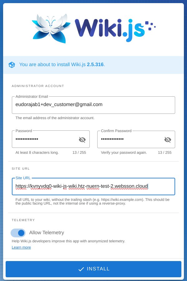 Wiki.js's setup page: the admin account and the site's address