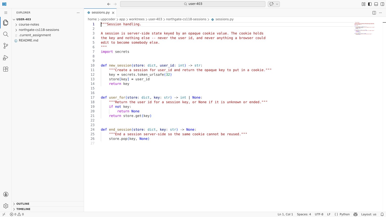 The student's code in VS Code in the browser
