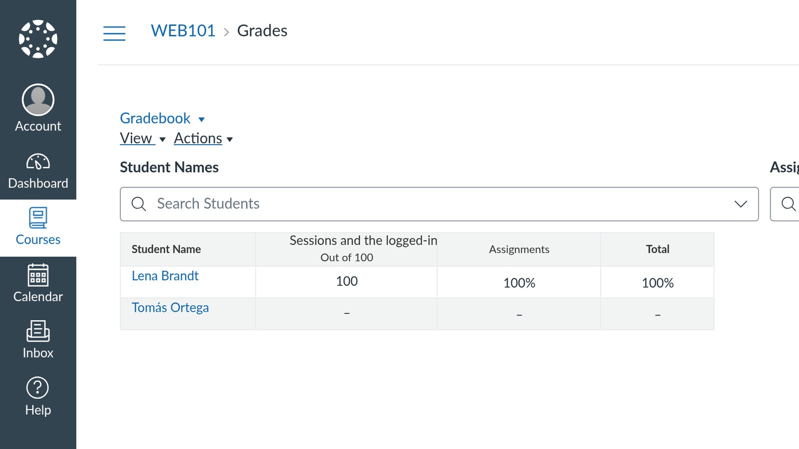 The final grade, 100, in the Canvas gradebook