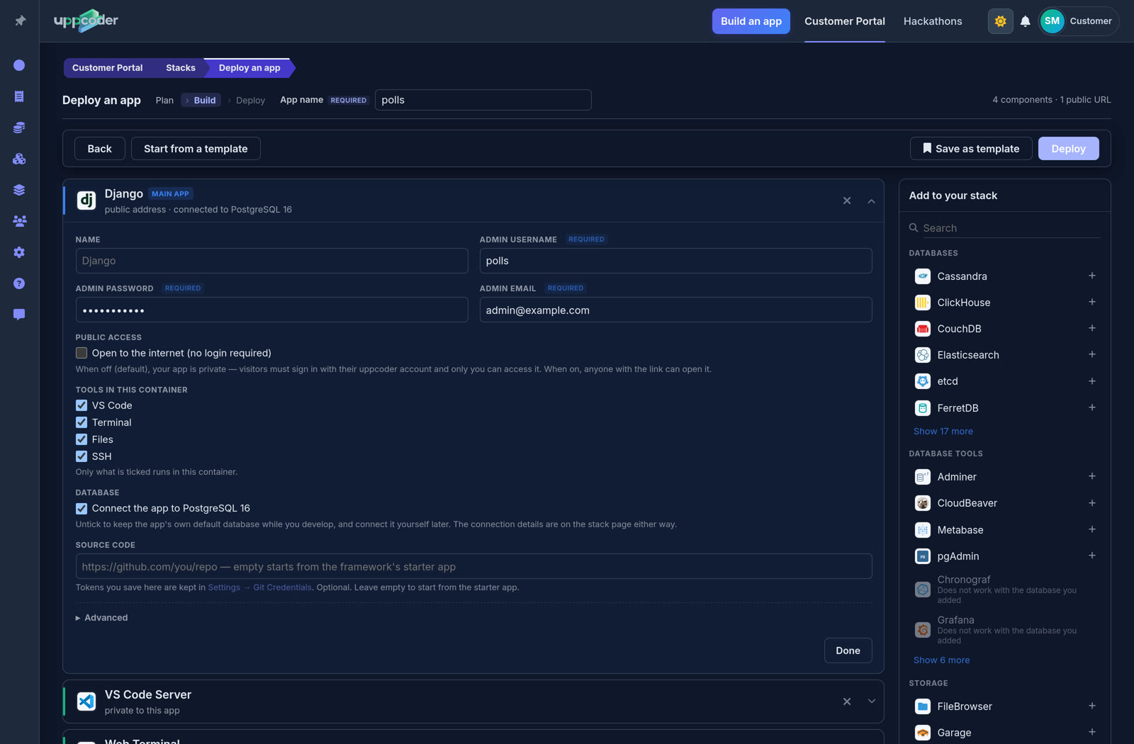 The Django card: admin user, tools, the database box and an optional Git repository