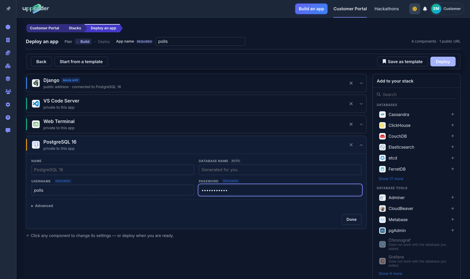 The PostgreSQL card: username and password