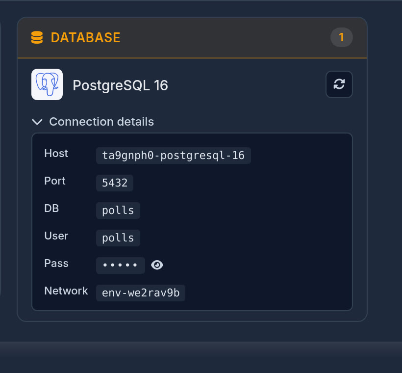 Connection details for the database, password hidden
