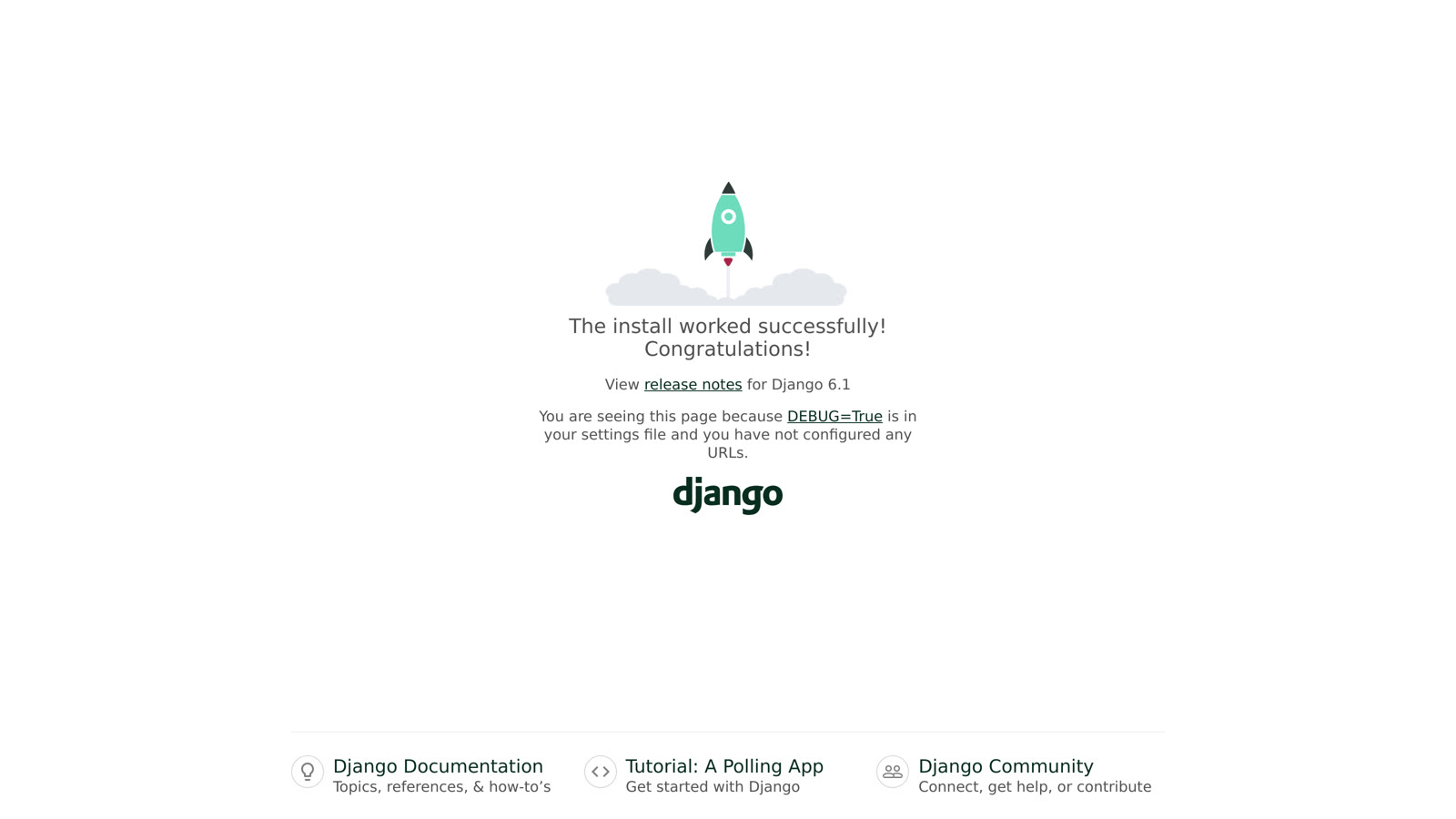 Django's welcome page on the app's address