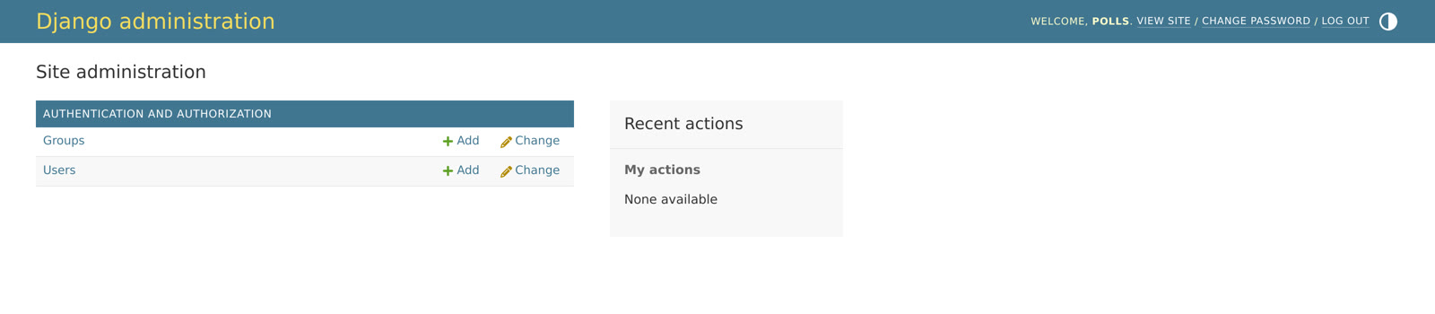 The Django admin, signed in, running on PostgreSQL
