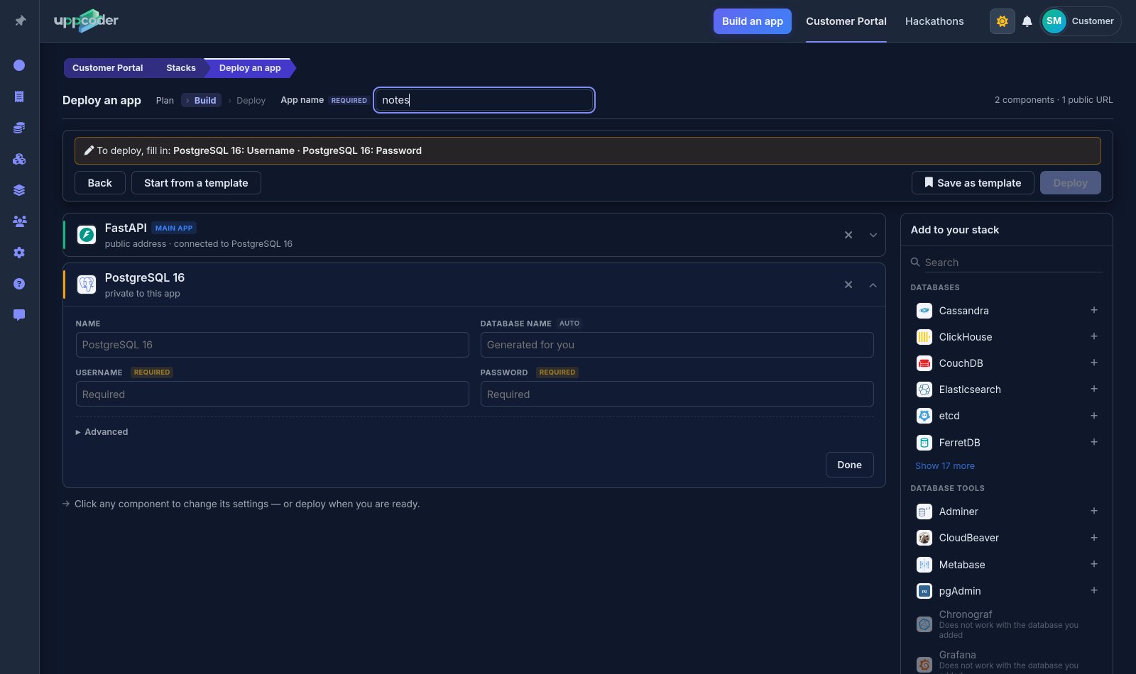 The stack: FastAPI as the main app, connected to PostgreSQL 16