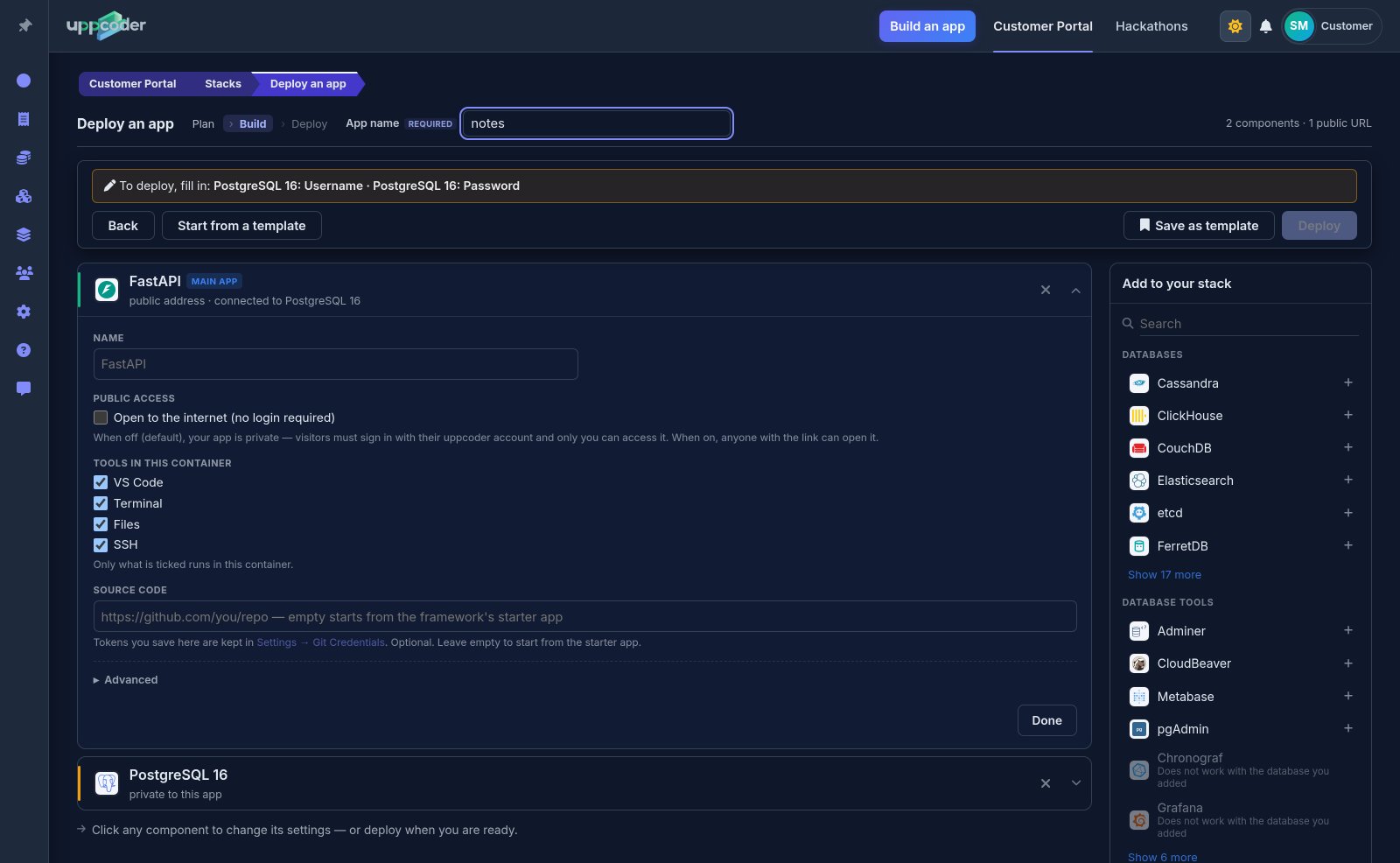 The FastAPI card: public access, the tools in the container and an optional Git repository