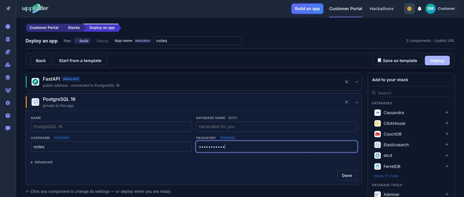 The PostgreSQL card: username and password
