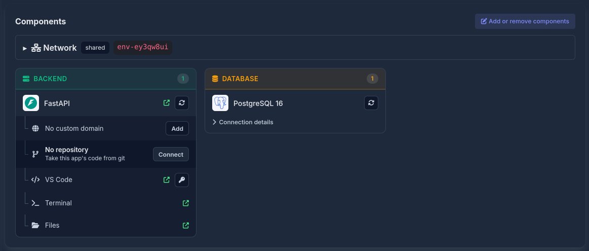 The stack page: the app, VS Code, the terminal, files and the database